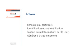 Une formation
Authentification via Token
Token
1 Challenge
2 Response
3 Token Device Challenge
4 Valid Certificate
5 Authe...