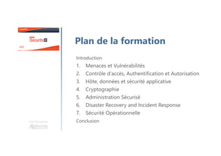 Une formation
Plan de la formation
Introduction
1. Menaces et Vulnérabilités
2. Contrôle d'accès, Authentification et Auto...