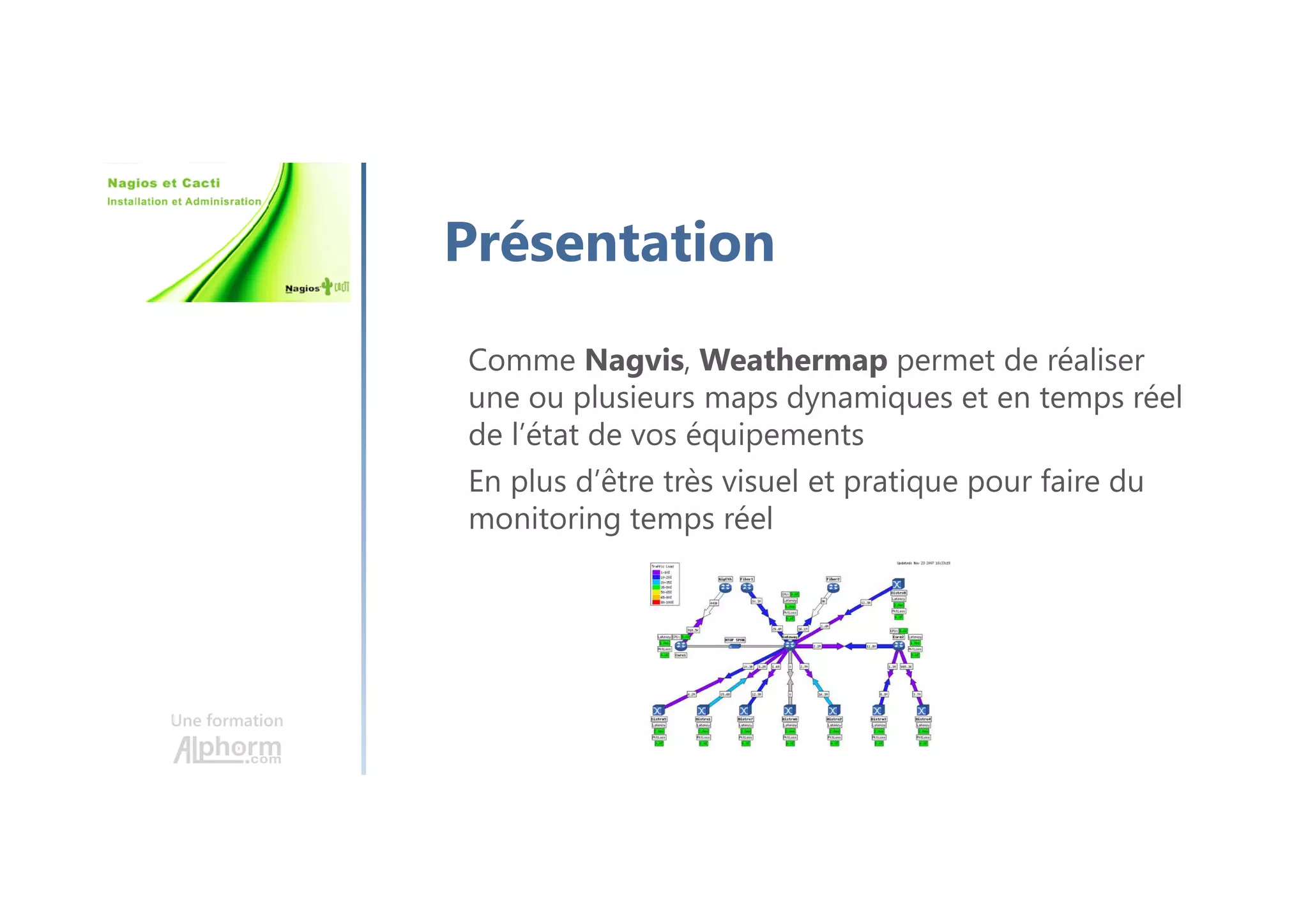 Une formation
Présentation
Comme Nagvis, Weathermap permet de réaliser
une ou plusieurs maps dynamiques et en temps réel
de l’état de vos équipements
En plus d’être très visuel et pratique pour faire du
monitoring temps réel
 