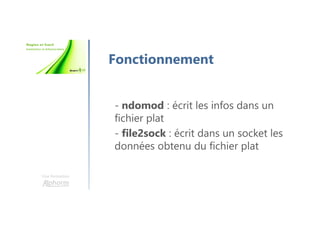 Une formation
Fonctionnement
- ndomod : écrit les infos dans un
fichier plat
- file2sock : écrit dans un socket les
données obtenu du fichier plat
 