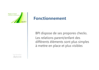 Une formation
Fonctionnement
BPI dispose de ses propores checks.
Les relations parent/enfant des
différents éléments sont plus simples
à mettre en place et plus visibles
 