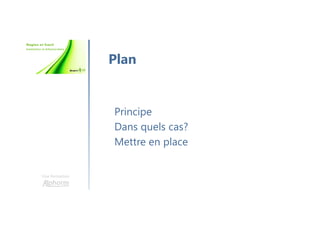Une formation
Principe
Dans quels cas?
Mettre en place
Plan
 