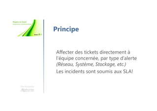 Une formation
Principe
Affecter des tickets directement à
l’équipe concernée, par type d’alerte
(Réseau, Système, Stockage, etc.)
Les incidents sont soumis aux SLA!
 