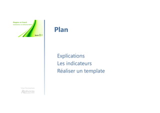 Une formation
Explications
Les indicateurs
Réaliser un template
Plan
 