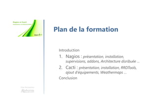 Une formation
Plan de la formation
Introduction
1. Nagios : présentation, installation,
supervisions, addons, Architecture disribuée …
2. Cacti : présentation, installation, RRDTools,
ajout d’équipements, Weathermaps …
Conclusion
 