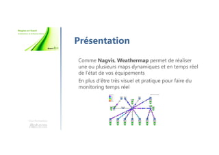 Une formation
Présentation
Comme Nagvis, Weathermap permet de réaliser
une ou plusieurs maps dynamiques et en temps réel
de l’état de vos équipements
En plus d’être très visuel et pratique pour faire du
monitoring temps réel
 