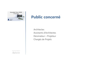 Une formation
Public concerné
Architectes
Assistants d’Architectes
Dessinateur – Projeteur
Chargés de Projets
 