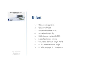 Une formation
Bilan
1. Découverte de Revit
2. Nouveau Projet
3. Modélisation des Murs
4. Modélisation du Sol
5. Bibliothèque de famille RFA
6. Modélisation de toiture
7. Les pièces dans un projet Revit
8. La documentation de projet
9. La mise en page et l'impression
 