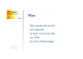 Une formation
Mon poste de travail
Les logiciels
Le plan vision du lab
Les VMs
Le plan d’adressage
Plan
 
