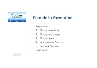 Une formation
Introduction
1. Docker machine
2. Docker compose
3. Docker swarm
4. Les services Swarm
5. Le stack Swarm
Conclusion
Plan de la formation
 