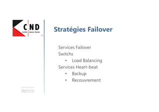 Une formation
Stratégies Failover
Services Failover
Switchs
• Load Balancing
Services Heart-beat
• Backup
• Recouvrement
 