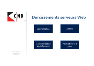 Une formation
Durcissements serveurs Web
Journalisation
Authentification
et chiffrement
Analyse
Patch et mises à
jours
 