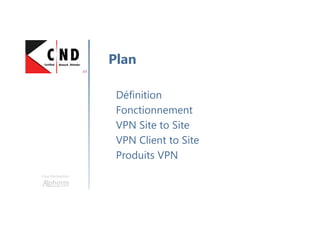Une formation
Définition
Fonctionnement
VPN Site to Site
VPN Client to Site
Produits VPN
Plan
 