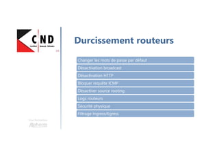Une formation
Durcissement routeurs
Changer les mots de passe par défaut
Désactivation broadcast
Désactivation HTTP
Bloquer requête ICMP
Désactiver source rooting
Logs routeurs
Sécurité physique
Filtrage Ingress/Egress
 