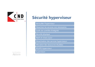 Une formation
Sécurité hyperviseur
Verrouiller l’hyperviseur
Désactiver les services non nécessaires
Outils de contrôle d’intégrité
Sécurité physique
Patch et mises à jour
Désactivation des services hyperviseurs
Allocation des ressources étudiées
IDS/IPS Hyperviseur
Supervision
 