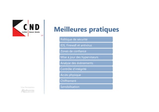 Une formation
Meilleures pratiques
Politique de sécurité
IDS, Firewall et antivirus
Zones de confiance
Mise à jour des hyperviseurs
Analyse des évènements
Contrôle d’intégrité
Accès physique
Chiffrement
Sensibilisation
 