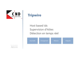 Une formation
Tripwire
Host based ids
Supervision d’hôtes
Détection en temps réel
Anomalie Changement Menace Intégrité
 