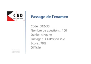 Une formation
Passage de l’examen
Code : 312-38
Nombre de questions : 100
Durée : 4 heures
Passage : ECC/Person Vue
Score : 70%
Difficile
 