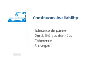 Une formation
Continuous Availability
Tolérance de panne
Durabilité des données
Cohérence
Sauvegarde
 