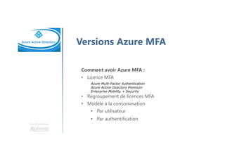 Une formation
Versions Azure MFA
Comment avoir Azure MFA :
• Licence MFA
Azure Multi-Factor Authentication
Azure Active Directory Premium
Enterprise Mobility + Security
• Regroupement de licences MFA
• Modèle à la consommation
• Par utilisateur
• Par authentification
 