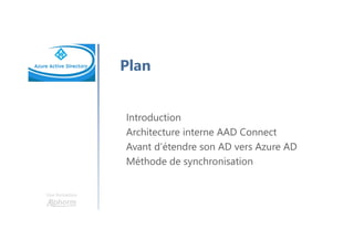 Une formation
Objectif de la formation
Comprendre les concepts d’Azure AD
Comprendre les enjeux d’une synchronisation
d’un AD local vers Azure AD
Apprendre les nouvelles technologies avec Azure
 