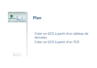 Une formation
Créer un GCD à partir d’un tableau de
données
Créer un GCD à partir d’un TCD
Plan
 