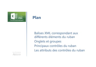 Une formation
Balises XML correspondant aux
différents éléments du ruban
Onglets et groupes
Principaux contrôles du ruban
Les attributs des contrôles du ruban
Plan
 