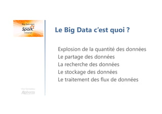 Une formation
Le Big Data c’est quoi ?
Explosion de la quantité des données
Le partage des données
La recherche des données
Le stockage des données
Le traitement des flux de données
 