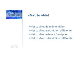 Une formation
vNet to vNet
vNet to vNet de même région
vNet to vNet avec région différente
vNet to vNet même subscription
vNet to vNet subscription différente
 