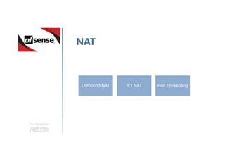 Une formation
NAT
Outbound NAT 1:1 NAT Port Forwarding
 