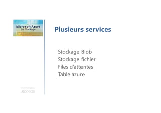 Une formation
Plusieurs services
Stockage Blob
Stockage fichier
Files d’attentes
Table azure
 