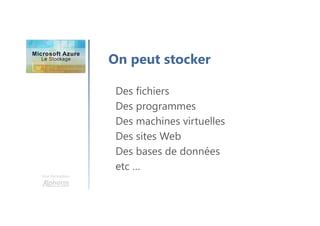 Une formation
On peut stocker
Des fichiers
Des programmes
Des machines virtuelles
Des sites Web
Des bases de données
etc …
 