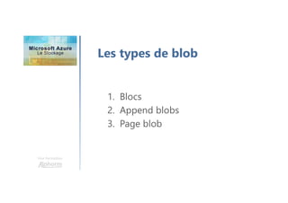 Une formation
Les types de blob
1. Blocs
2. Append blobs
3. Page blob
 