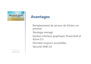 Une formation
Avantages
Remplacement de serveur de fichiers on-
premise
Stockage managé
Gestion interface graphique; Powershell et
Azure CLI
Données toujours accessibles
Sécurité SMB 3.0
 