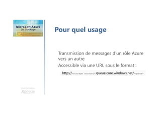 Une formation
Pour quel usage
Transmission de messages d’un rôle Azure
vers un autre
Accessible via une URL sous le format :
http://<storage account>.queue.core.windows.net/<queue>
 