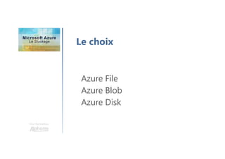 Une formation
Le choix
Azure File
Azure Blob
Azure Disk
 