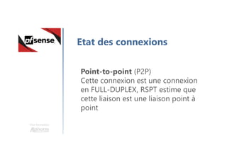 Une formation
Etat des connexions
Point-to-point (P2P)
Cette connexion est une connexion
en FULL-DUPLEX, RSPT estime que
cette liaison est une liaison point à
point
 