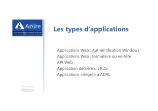 Une formation
Les types d’applications
Applications Web : Authentification Windows
Applications Web : formulaire ou en-tête
API Web
Application derrière un RDS
Applications intégrée à ADAL
 