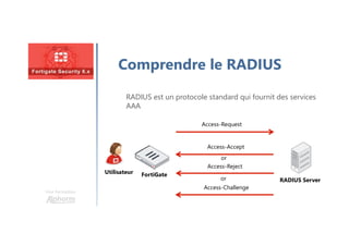 Comprendre le RADIUS
Une formation
Utilisateur FortiGate
RADIUS Server
Access-Request
Access-Accept
Access-Reject
Access-Challenge
or
or
RADIUS est un protocole standard qui fournit des services
AAA
 