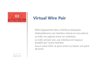 Une formation
Virtual Wire Pair
Relie logiquement deux interfaces physiques
Habituellement une interface interne et une externe
Le trafic est capturé entre ces interfaces
Le trafic entrant vers une interface est toujours
expédié par l’autre interface
Aucun autre trafic ne peut entrer ou laisser une paire
de ports
 
