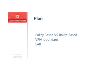 Une formation
Policy Based VS Route Based
VPN redondant
LAB
Plan
 