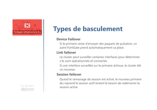 Une formation
Types de basculement
Device Failover
Si le primaire cesse d’envoyer des paquets de pulsation, un
autre FortiGate prend automatiquement sa place
Link failover
Le cluster peut surveiller certaines interfaces pour déterminer
s’ils sont opérationnels et connectés
Si une interface surveillée sur le primaire échoue, le cluster élit
un nouveau
Session failover
Quand le ramassage de session est activé, le nouveau primaire
élu reprend le session actif évitant le besoin de redémarrer la
session active
 
