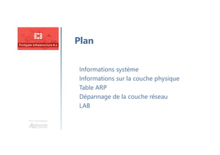 Une formation
Informations système
Informations sur la couche physique
Table ARP
Dépannage de la couche réseau
LAB
Plan
 