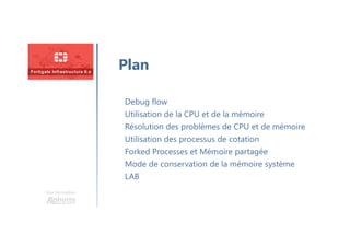 Une formation
Debug flow
Utilisation de la CPU et de la mémoire
Résolution des problèmes de CPU et de mémoire
Utilisation des processus de cotation
Forked Processes et Mémoire partagée
Mode de conservation de la mémoire système
LAB
Plan
 