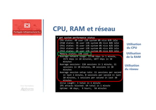 Une formation
CPU, RAM et réseau
# get system performance status
CPU states: 4% user 13% system 0% nice 83% idle
CPU0 states: 3% user 13% system 0% nice 84% idle
CPU1 states: 5% user 13% system 0% nice 82% idle
CPU2 states: 2% user 13% system 0% nice 85% idle
CPU3 states: 6% user 13% system 0% nice 81% idle
Memory states: 19% used
Average network usage: 12740 kbps in 1 minute,
3573 kbps in 10 minutes, 1077 kbps in 30
minutes
Average sessions: 118 sessions in 1 minute, 11
sessions in 10 minutes, 40 sessions in 30
minutes
Average session setup rate: 11 sessions per second
in last 1 minute, 0 sessions per second in last
10 minutes, 1 sessions per second in last 30
minutes
Virus caught: 3 total in 1 minute
IPS attacks blocked: 64 total in 1 minute
Uptime: 60 days, 9 hours, 58 minutes
Utilisation
du CPU
Utilisation
du réseau
Utilisation
de la RAM
 