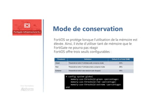 Une formation
Mode de conservation
FortiOS se protège lorsque l’utilisation de la mémoire est
élevée. Ainsi, il évite d’utiliser tant de mémoire que le
FortiGate ne pourra pas réagir
FortiOS offre trois seuils configurables :
# config system global
memory-use-threshold-green <percentage>
memory-use-threshold-red <percentage>
memory-use-threshold-extreme <percentage>
end
 