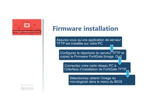 Une formation
Firmware installation
Assurez-vous qu’une application de serveur
TFTP est installée sur votre PC
Configurez le répertoire du serveur TFTP et
copiez le Firmware FortiGate [image. Out]
Connectez votre carte réseau PC à
l’interface d’installation de FortiGate TFTP
Sélectionnez obtenir l’image du
micrologiciel dans le menu du BIOS
 
