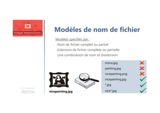Une formation
Modèles de nom de fichier
nicepainting.jpg
mona.jpg
painting.jpg
*.jpg
nicepainting.png
nice*.jpg
nicepainting.jpg
Modèles spécifiés par :
Nom de fichier complet ou partiel
Extension de fichier complète ou partielle
Une combinaison de nom et d’extension
Modèles spécifiés par :
Nom de fichier complet ou partiel
Extension de fichier complète ou partielle
Une combinaison de nom et d’extension
 