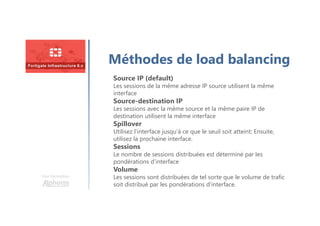 Une formation
Méthodes de load balancing
Source IP (default)
Les sessions de la même adresse IP source utilisent la même
interface
Source-destination IP
Les sessions avec la même source et la même paire IP de
destination utilisent la même interface
Spillover
Utilisez l’interface jusqu’à ce que le seuil soit atteint; Ensuite,
utilisez la prochaine interface.
Sessions
Le nombre de sessions distribuées est déterminé par les
pondérations d’interface
Volume
Les sessions sont distribuées de tel sorte que le volume de trafic
soit distribué par les pondérations d’interface.
 