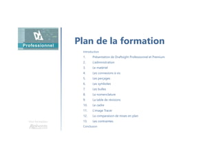 Une formation
Plan de la formation
Introduction
1. Présentation de Draftsight Professionnel et Premium
2. L’administration
3. Le matériel
4. Les connexions à vis
5. Les perçages
6. Les symboles
7. Les bulles
8. La nomenclature
9. La table de révisions
10. Le cadre
11. L’image Tracer
12. La comparaison de mises en plan
13. Les contraintes
Conclusion
 